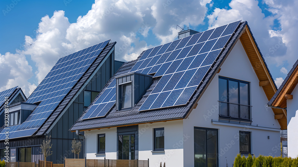 Fototapeta premium Blue solar panels on the roof of a house, reading the energy of the sun. Generative AI