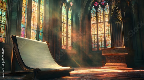 A blank scroll spread out on an old wooden lectern in a grand cathedral, with stained glass windows casting colorful reflections, dramatic and warm lighting, Gothic style with intricate details,