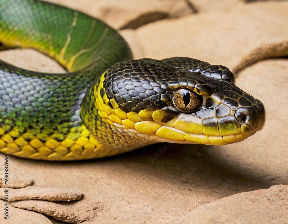 Young Green Anaconda aka Eunectus murinus snake. Ai generated image. Young Green Anaconda aka Eunectus murinus snake. Ai generated image.