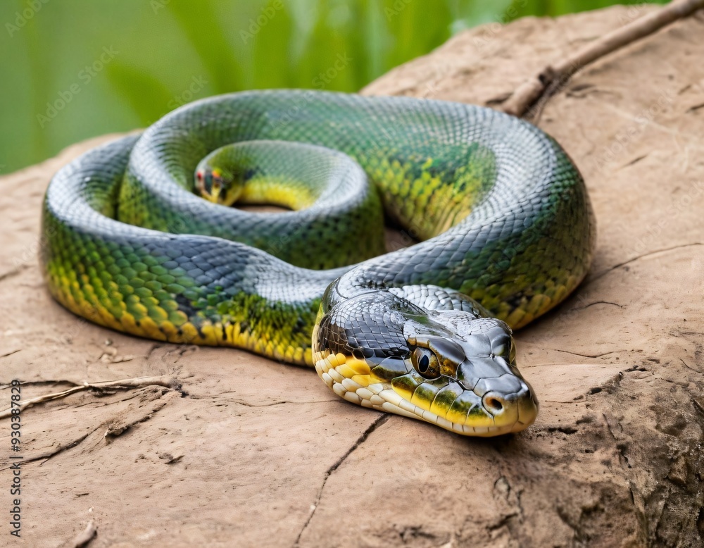 Fototapeta premium Young Green Anaconda aka Eunectus murinus snake. Ai generated image.