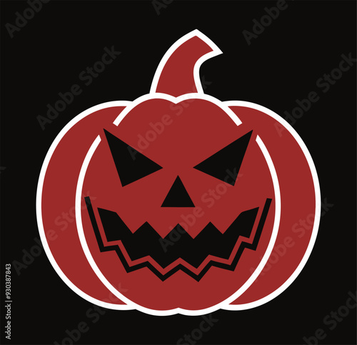 A red pumpkin with a carved jackolantern face, featuring a wide, jagged grin and sharp triangular eyes. The image is set against a black background.