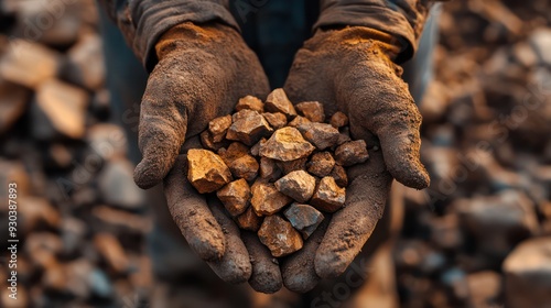 Close-up of a miner's hands holding raw ore, symolizing the raw materials extracted from the earth. photo