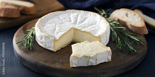 Soft brie cheese with a white rind, partially sliced to reveal the creamy interior, served with fresh baguette slices.