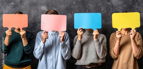 Wallpaper Mural Four people holding colorful speech bubbles in front of their faces. Concept of communication, dialogue, and anonymity. Torontodigital.ca