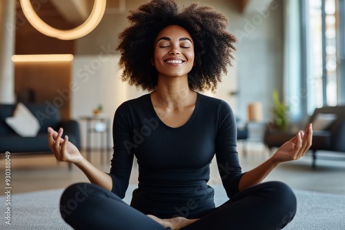 Confident young woman with afro hair practices meditation at home sitting cross legged and focusing on mindfulness in a cozy and warm indoor setting