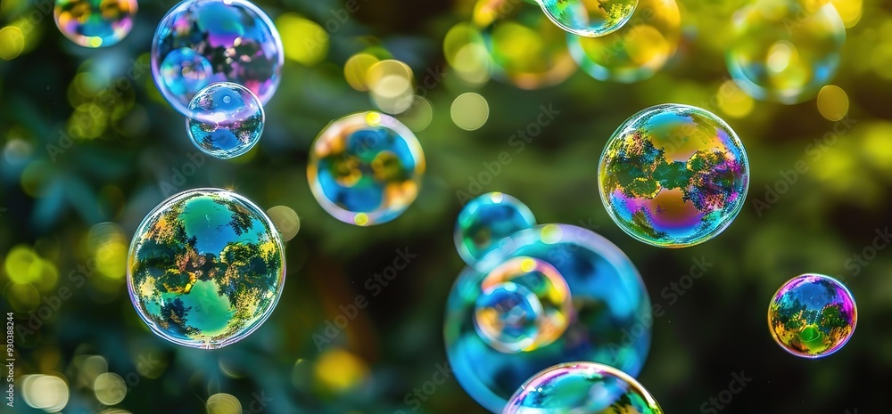 A beautiful, colorful and whimsical image of iridescent soap bubbles floating against a blurred background of green foliage. This image evokes childhood memories and a sense of wonder. A beautiful, colorful and whimsical image of iridescent soap bubbles floating against a blurred background of green foliage. This image evokes childhood memories and a sense of wonder.