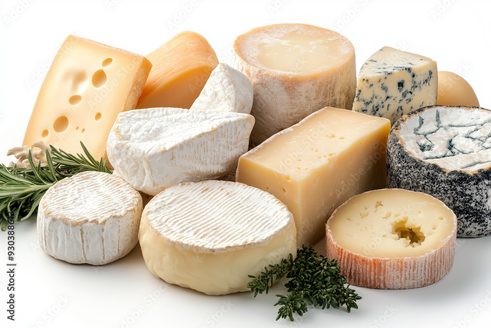 Variety of artisanal cheeses arranged on white background. Variety of artisanal cheeses arranged on white background.