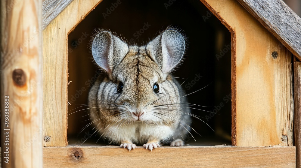 Obraz premium A cute Chinchilla looking out from its wooden house