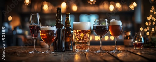 Assorted beer bottles and wine glasses on a rustic wooden table, dim pub lighting, beer wine liquor, variety and choice