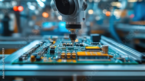 Close-up of a rootic arm placing components on a circuit oard, showcasing precision in electronics manufacturing. photo