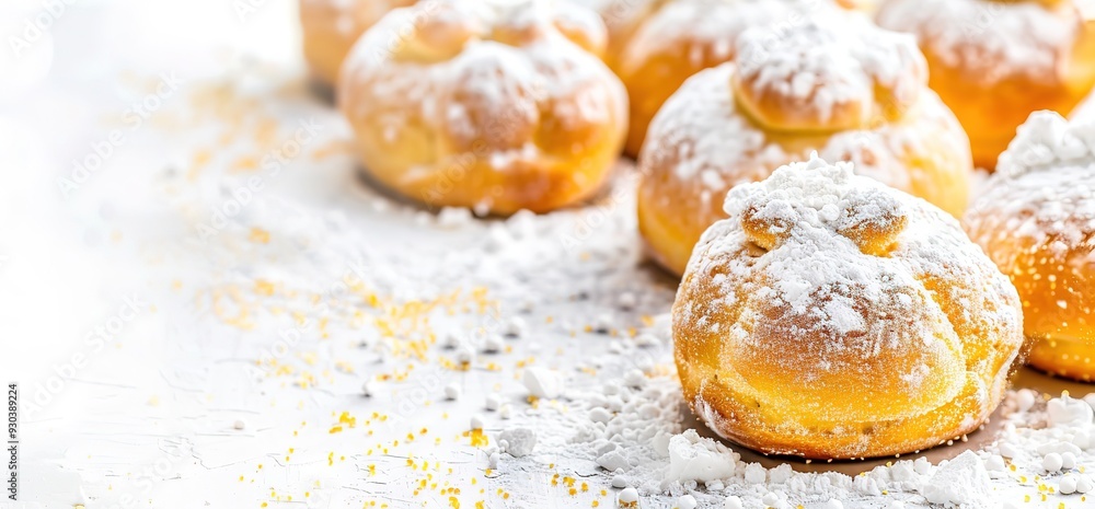 Close up of freshly baked and dusted profiteroles in a row on a white surface. Delicious pastries, perfect for any dessert table. Close up of freshly baked and dusted profiteroles in a row on a white surface. Delicious pastries, perfect for any dessert table.