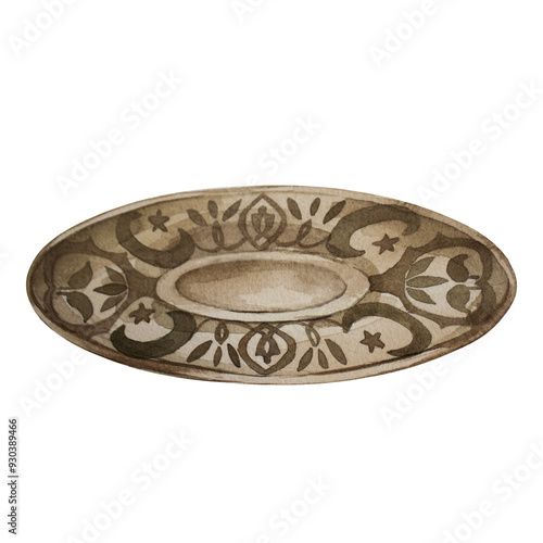 The saucer for cup for Turkish coffee. The illustration is hand-painted in watercolor in classic oriental style and brown and beige shades. For design, interior coffee shop, menu, postcard, packaging