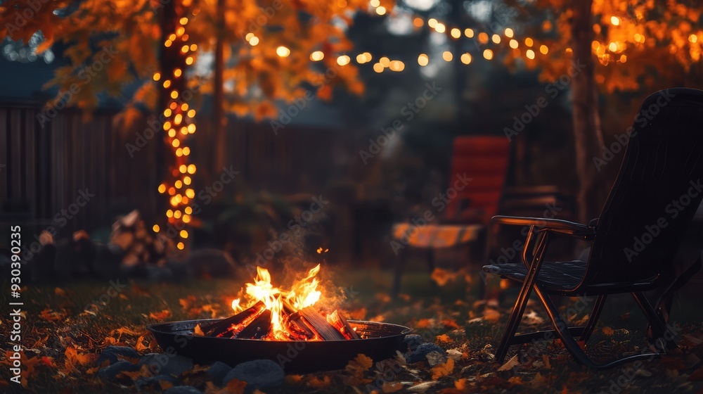 Cozy fall patio fire with chairs. Fairy lights in the evening by the fire pit and in the background. Ai generation Cozy fall patio fire with chairs. Fairy lights in the evening by the fire pit and in the background. Ai generation