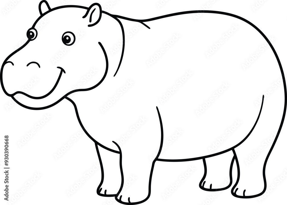 An outline illustration of a hippopotamus, standing with its large body and wide mouth, drawn with rounded lines on a white background. An outline illustration of a hippopotamus, standing with its large body and wide mouth, drawn with rounded lines on a white background.