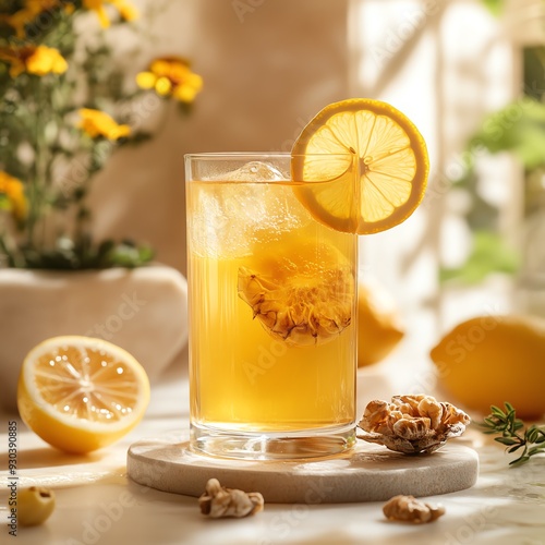 Glass of lowalcohol kombucha with a lemon slice, surrounded by wellness accessories, natural drink, healthconscious and refreshing photo