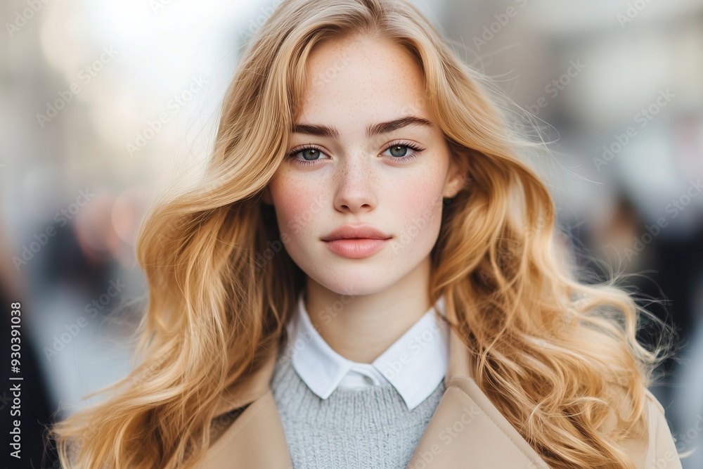 young woman with long, wavy blonde hair, styled with a natural, effortless look. She has a light skin tone and is wearing a layered outfit featuring a beige trench coat over a light gray sweater young woman with long, wavy blonde hair, styled with a natural, effortless look. She has a light skin tone and is wearing a layered outfit featuring a beige trench coat over a light gray sweater