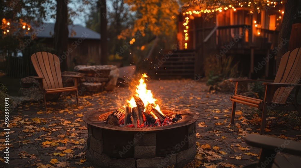 Cozy fall patio fire with chairs. Fairy lights in the evening by the fire pit and in the background. Ai generation Cozy fall patio fire with chairs. Fairy lights in the evening by the fire pit and in the background. Ai generation