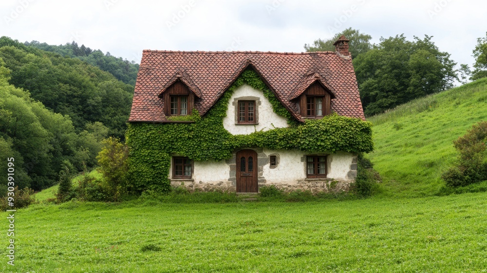 A house with a green roof sitting on top of the hill, AI A house with a green roof sitting on top of the hill, AI