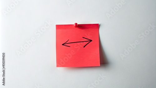 A solitary red sticky note with a bold white arrow and handwritten reminder stands out against a clean, minimalist white background. photo