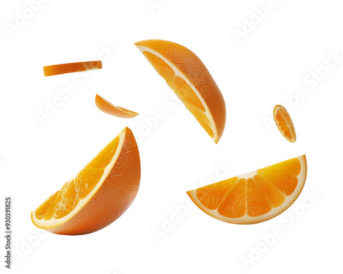 Five orange slices falling in mid air with a transparent background.