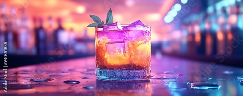 Neoncolored cocktail with glowing ice cubes, futuristic bar scene, futuristic mixology, modern and eyecatching photo