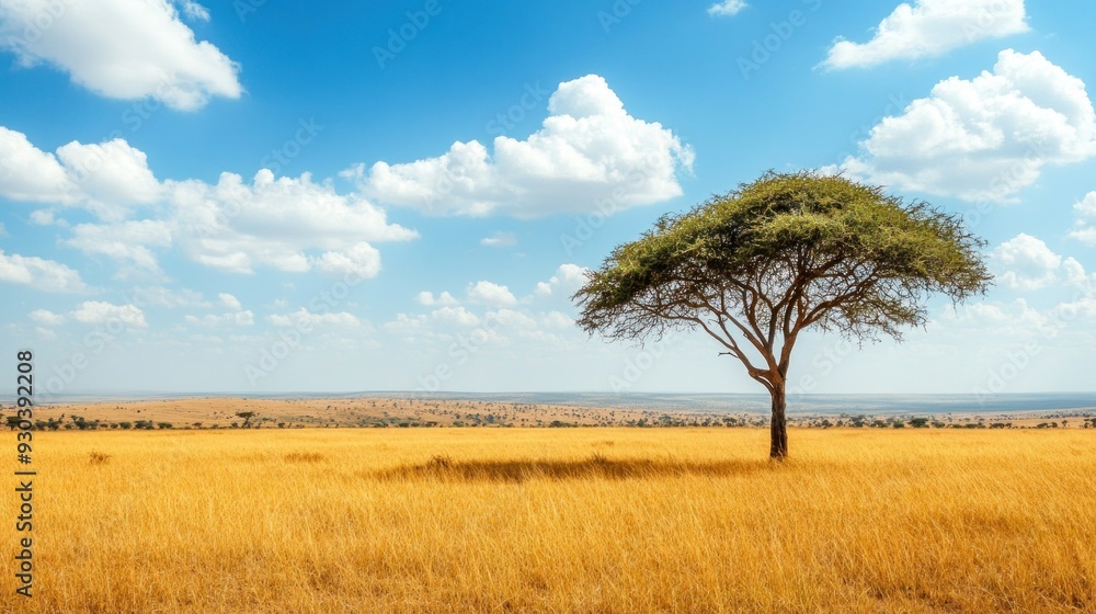 A Single Acacia Tree Stands Tall in a Vast Savanna Landscape A Single Acacia Tree Stands Tall in a Vast Savanna Landscape