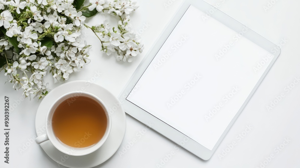 A white workspace with a blank tablet and a cup of tea, highlighting the peaceful and inspiring environment for creative thinking. A white workspace with a blank tablet and a cup of tea, highlighting the peaceful and inspiring environment for creative thinking.