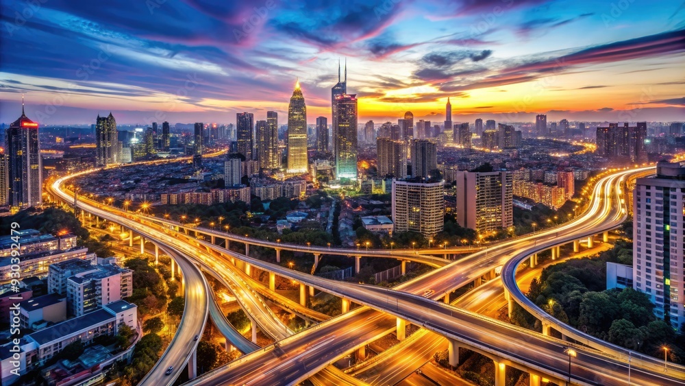A sprawling metropolis at dusk, with bright city lights and bustling streets illuminated, connected by a complex network of roads and highways. A sprawling metropolis at dusk, with bright city lights and bustling streets illuminated, connected by a complex network of roads and highways.