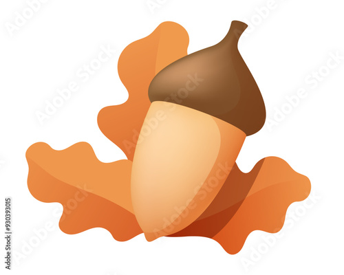 Acorn and oak leaves. Vector 3d clipart isolated on white background.