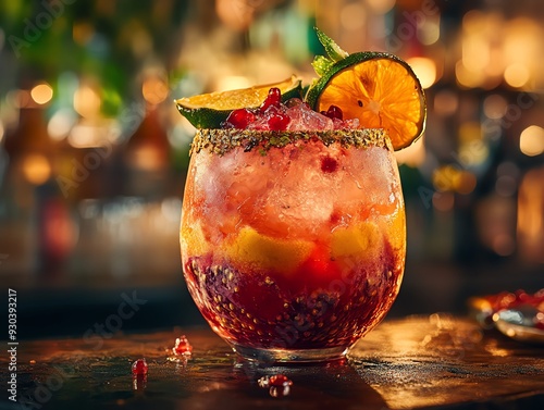 Vibrant cocktail served in a hollowedout fruit with intricate garnishes, artistic bar background, unique cocktail mixology, creative and exotic photo