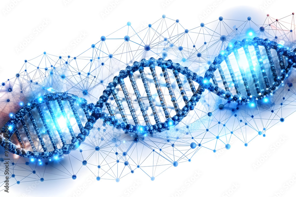 Fototapeta premium Abstract Bioinformatics Elements Concept with 3D AI Driven DNA Strands and Data Sequences - Genetic Research Analysis Symbol Vector Illustration on White Background