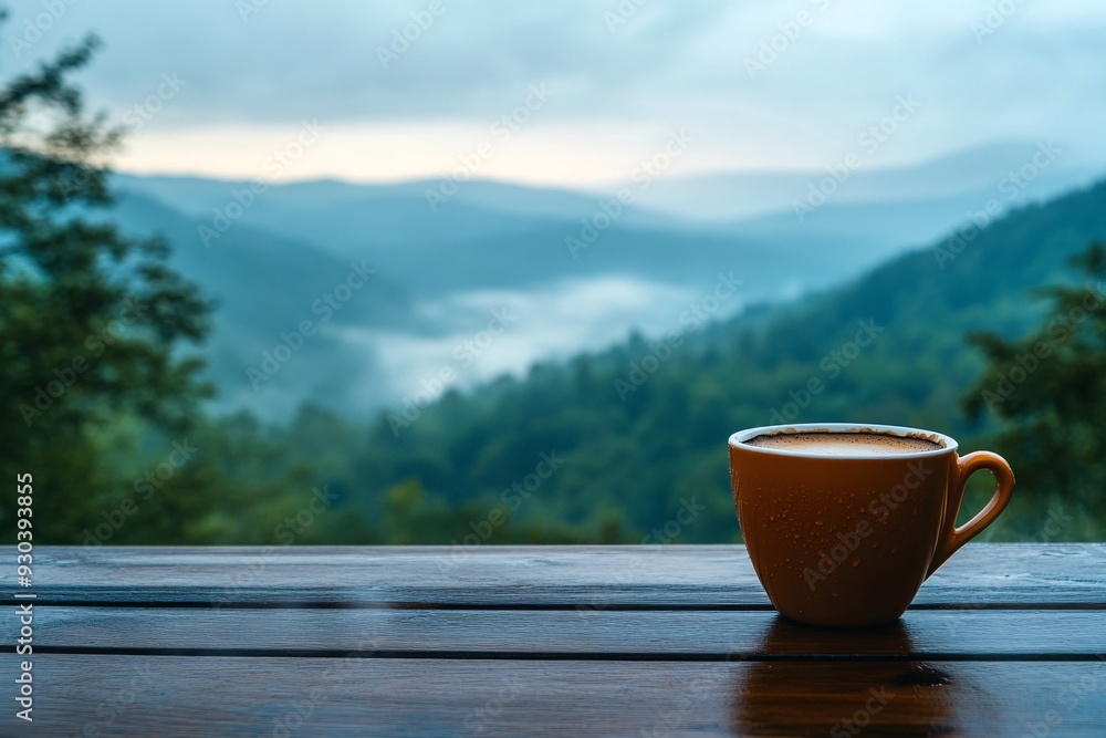 Serene Morning Coffee with a Misty Mountain View Serene Morning Coffee with a Misty Mountain View