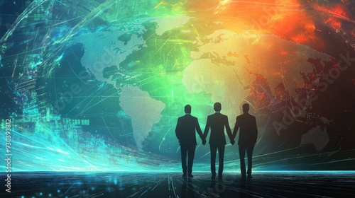 Businessmen holding hands in unity, with the world and global trade routes behind them, set against an abstract, high-tech background.