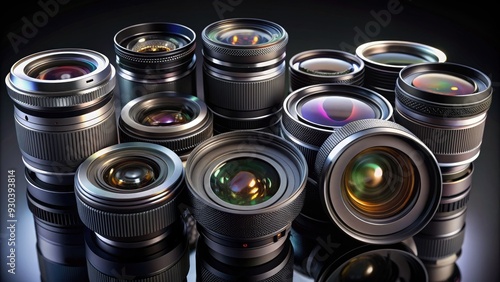  Assortment of high-quality camera lenses with varying focal lengths and apertures, neatly arranged on a sleek black background, showcasing depth and precision. photo