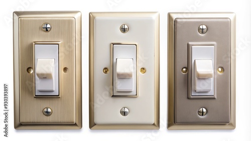 Assortment of three light switches with different types, including a toggle switch, dimmer switch, and smart switch, against a clean white background. photo