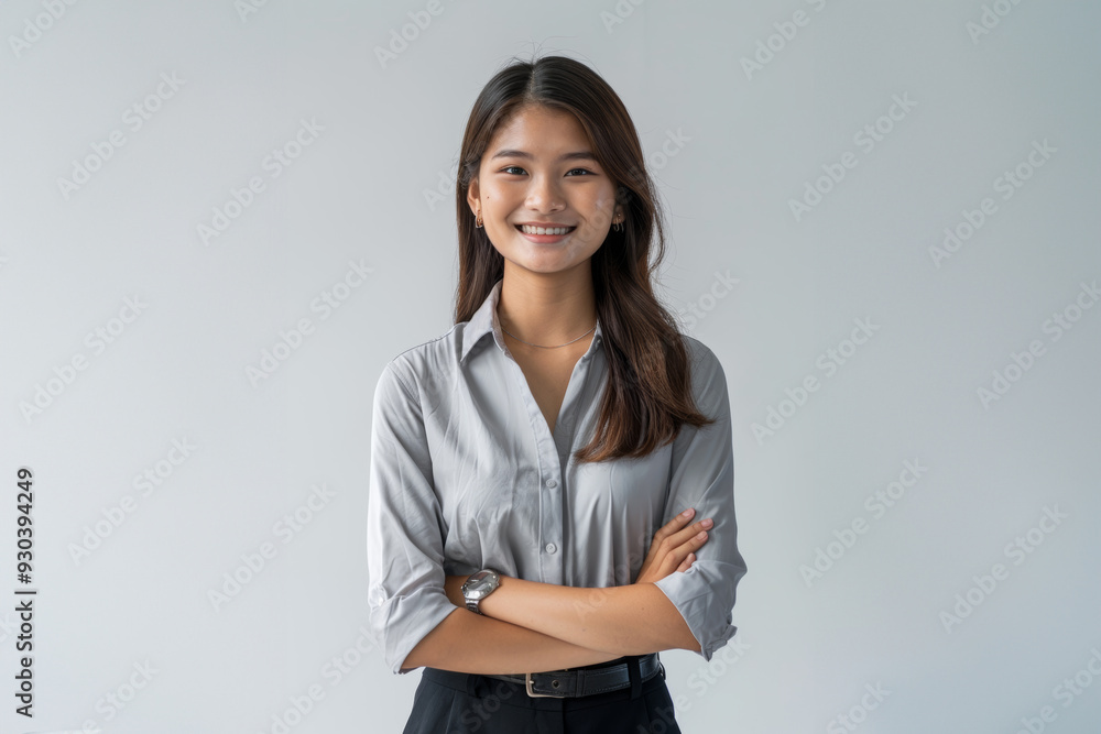 With a blend of casual and professional attire, this woman exemplifies modern office fashion while maintaining a clean, simple style. With a blend of casual and professional attire, this woman exemplifies modern office fashion while maintaining a clean, simple style.