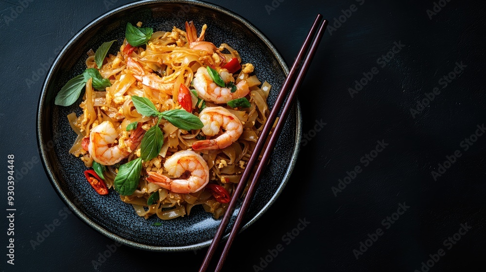 Shrimp Pad Thai is served on a traditional plate, with chopsticks placed artistically, set on an abstract black background, highlighting the dish's vibrant colors. Shrimp Pad Thai is served on a traditional plate, with chopsticks placed artistically, set on an abstract black background, highlighting the dish's vibrant colors.