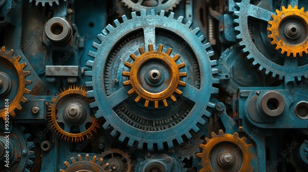 Close-up of gears and cogs inside a complex machine, highlighting precision engineering in machinery. Close-up of gears and cogs inside a complex machine, highlighting precision engineering in machinery.