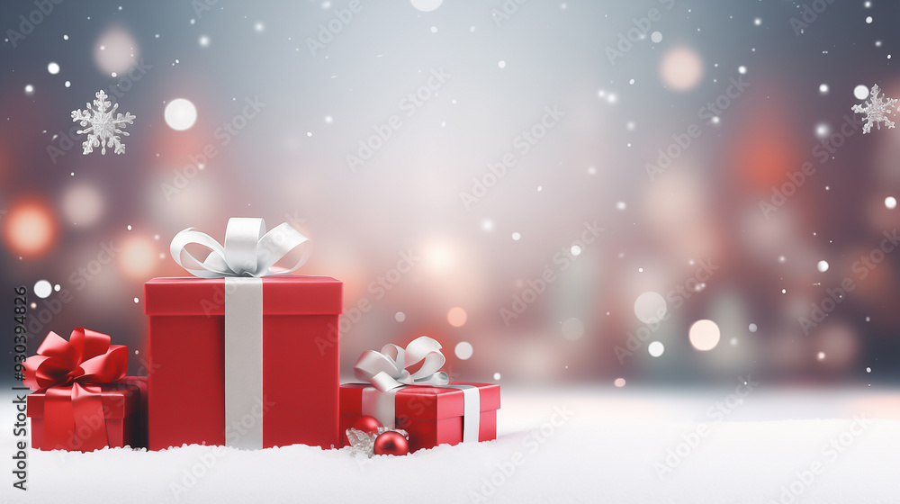 Christmas background with green gift box red ribbon, white snowflakes and red ornaments on the bottom, creating an elegant festive atmosphere. Christmas background with green gift box red ribbon, white snowflakes and red ornaments on the bottom, creating an elegant festive atmosphere.