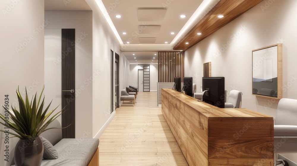 Modern clinic reception area with wood accents Modern clinic reception area with wood accents
