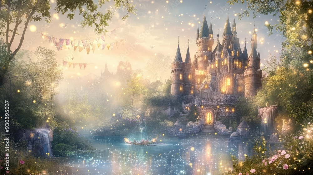 Fototapeta premium A magical castle surrounded by a serene landscape, sparkling lights, and gentle water flow.