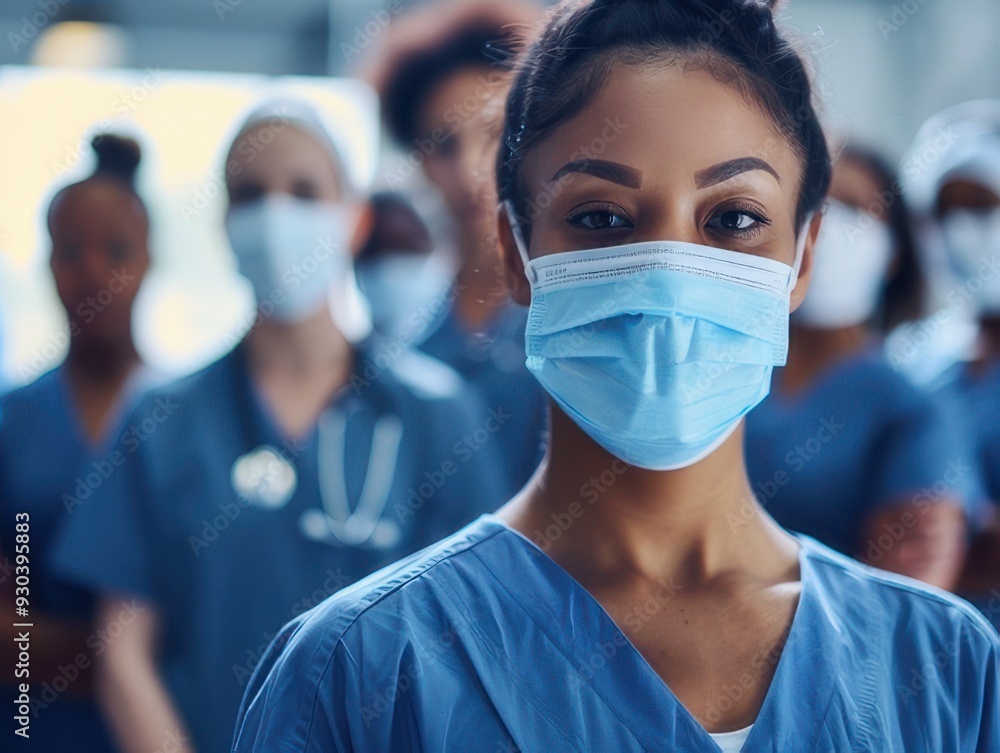 Confident female healthcare professional with medical team Confident female healthcare professional with medical team