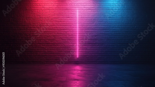 A striking scene featuring a minimalist brick wall adorned with a single pink neon strip light running vertically, casting a soft and unique glow that creates an enchanting ambiance.