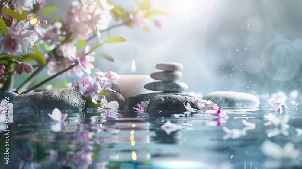 Obraz premium serene spa background stones and candles , water, flowers and steam, natural light, tranquil atmosphere for relaxation and meditation, spa retreats, wellness centers, relaxation spaces