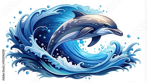 A stylized illustration of a leaping dolphin forms the centerpiece of a modern logo design, surrounded by abstract waves and splashes in shades of blue and white.