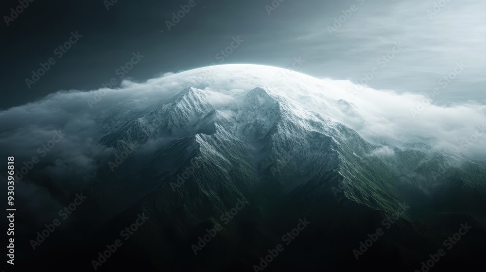 Fototapeta premium This image captures a majestic, snow-covered mountain peak emerging through dense clouds, showcasing the raw beauty of nature and the grandeur of high altitudes.