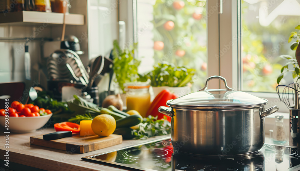 Modern table and electric stove with utensils and vegetables in the kitchen beside window Modern table and electric stove with utensils and vegetables in the kitchen beside window