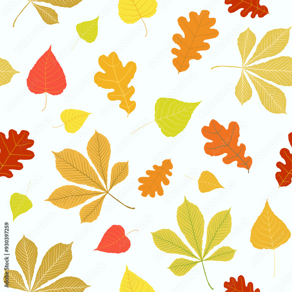 Autumn leaves pattern on white background. Hand drawn vector chestnut, poplar and oak foliage. Red, yellow, orange, green colors. Messy organic shapes Autumn leaves pattern on white background. Hand drawn vector chestnut, poplar and oak foliage. Red, yellow, orange, green colors. Messy organic shapes