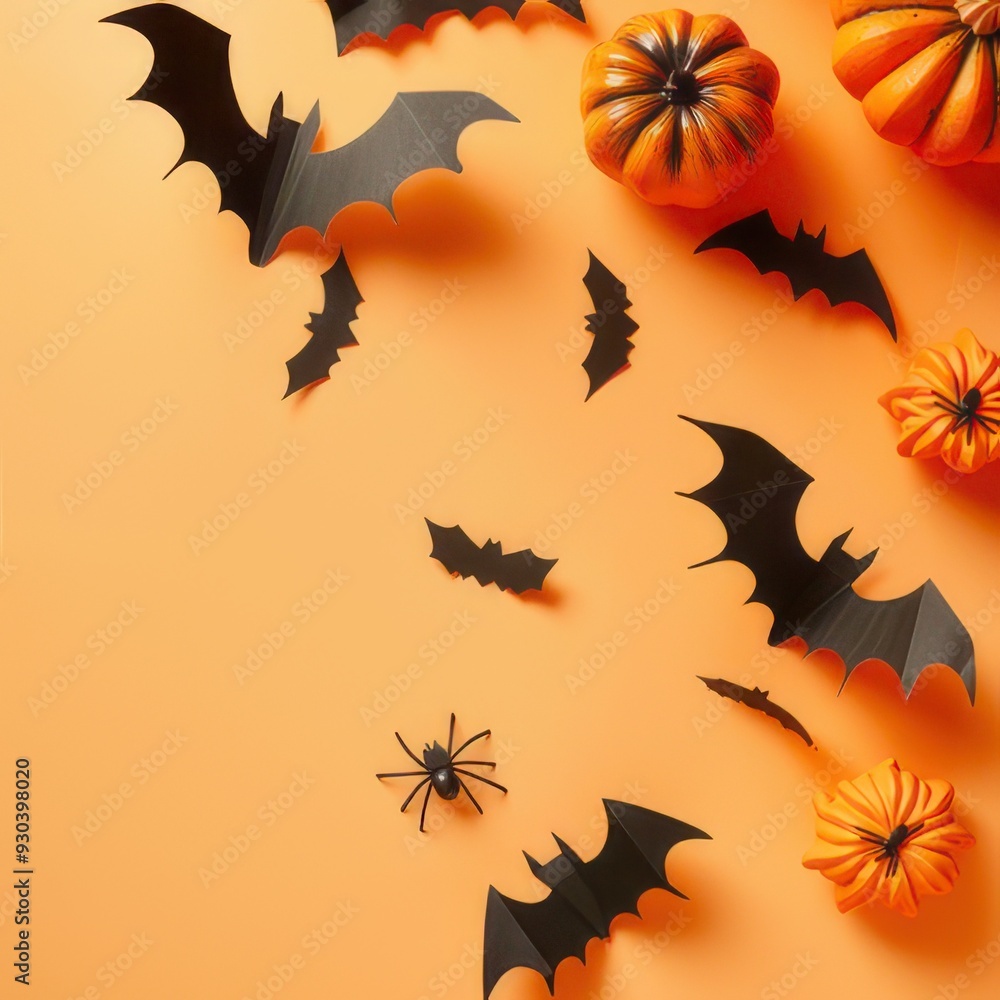 Halloween Bats and Pumpkins on Orange Background Halloween Bats and Pumpkins on Orange Background