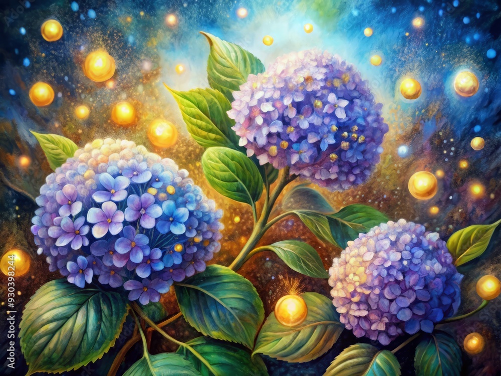Fantasy ,Elegant and Beautiful Hand Drawn Surrealist Acrylic Painting Flowers of Hydrangea (Hydrangea macrophylla) , Small Light glowing effect and Gold Leaf effect of particles Fantasy ,Elegant and Beautiful Hand Drawn Surrealist Acrylic Painting Flowers of Hydrangea (Hydrangea macrophylla) , Small Light glowing effect and Gold Leaf effect of particles